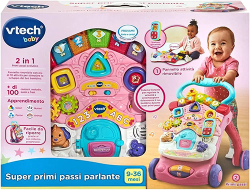 Set për hapat e para, VTech Super Primi Passi Parlante 2 in 1 - Rosa, Primi Passi per Bambini con Sensore di Moviment Frenante