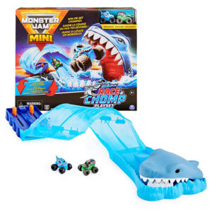 Monster Jam, Mini Megalodon Race and Chomp Playset with 2 Monster Jam Mini Trucks in 1:87 scale