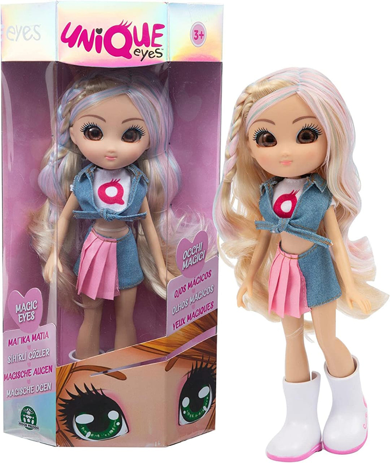 UNIQUE EYES - Bambola Articolata 25 cm, con Occhi Grandi Magici e Profondi, Segue il Tuo Sguardo, Rebecca Fashion