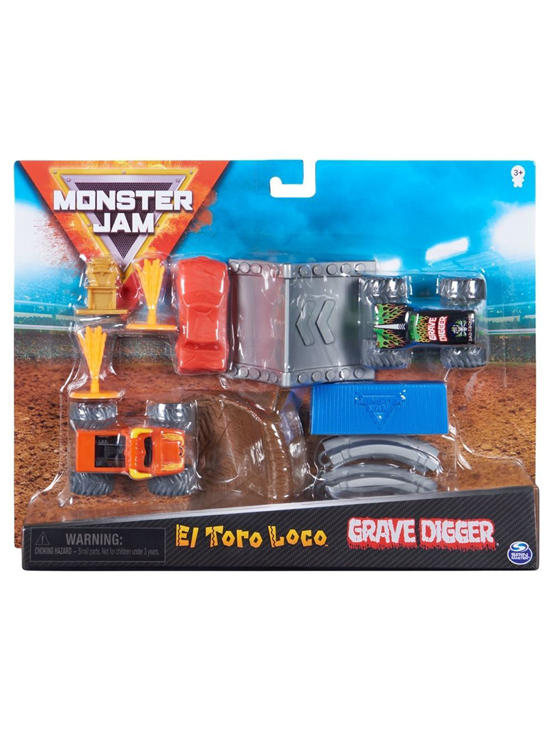Monster Jam Stunt Set with 1:70 Scale Grave Digger and El Toro Loco Monster Trucks
