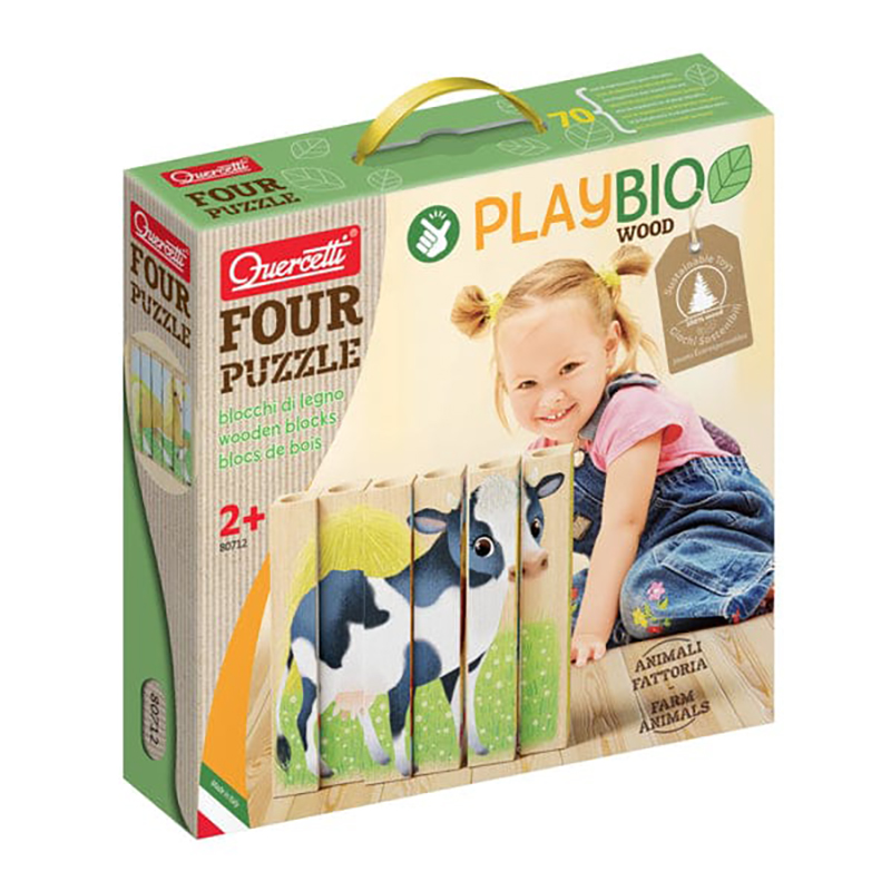 Four Puzzle Wood Farm Animals Play Bio Quercetti